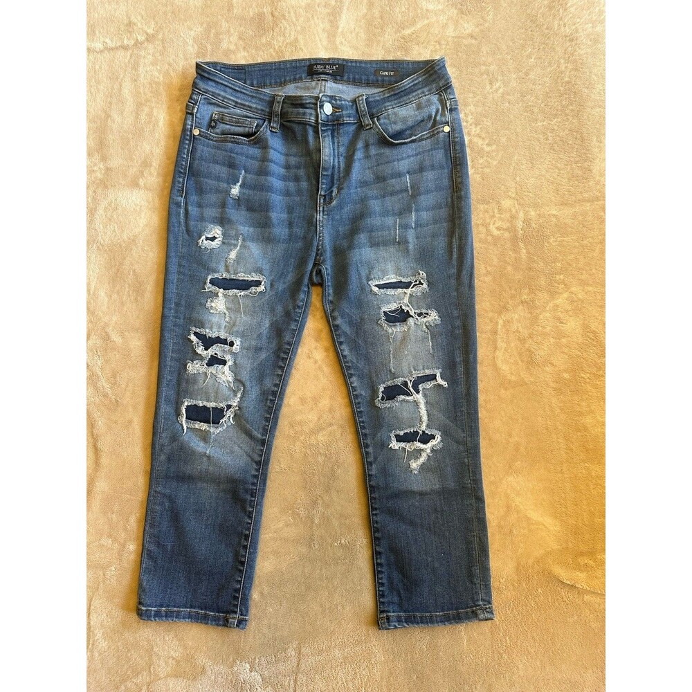 Judy Blue Womens Jeans Size 11/30 Blue Denim Capri Fit Distressed Patch Stretch